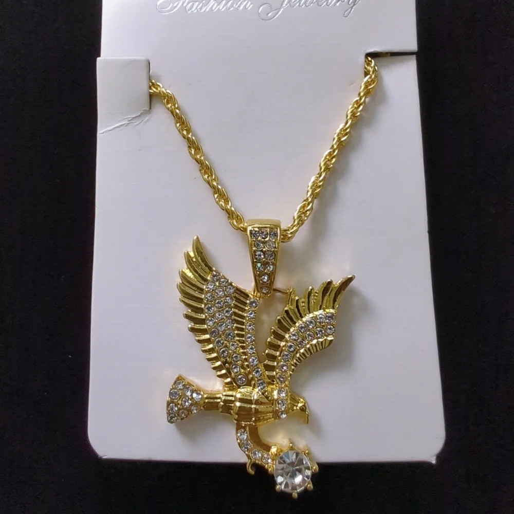 🆕Stainless Steel 18K Gold Plated w/Inlaid Cubic Zirconia Eagle Pendant